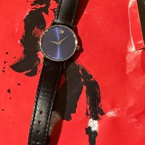 Movado Black Leather Strap Watch with Blue Dial